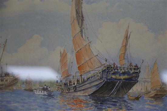 William K. Kerr, watercolour, Junks in Hong Kong harbour, signed and dated 50, 30 x 45cm